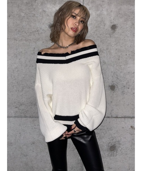 EGOIST（エゴイスト）の「両VラインニットトップスII（ニット/セーター・レディース・ホワイト/ベージュ/オレンジ・FREE）」の8枚目の写真