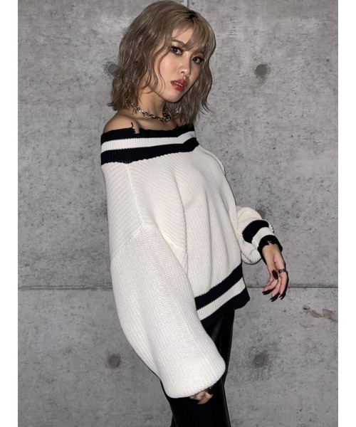 EGOIST（エゴイスト）の「両VラインニットトップスII（ニット/セーター・レディース・ホワイト/ベージュ/オレンジ・FREE）」の9枚目の写真