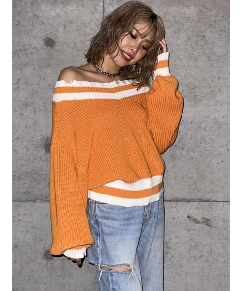 EGOIST（エゴイスト）の「両VラインニットトップスII（ニット/セーター・レディース・ホワイト/ベージュ/オレンジ・FREE）」の14枚目の写真