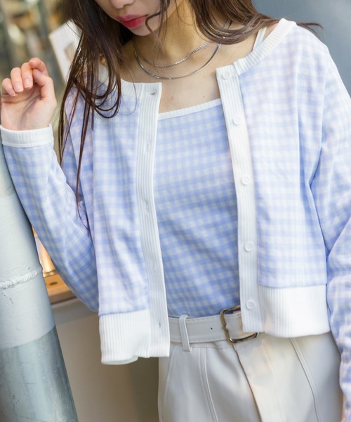 SpRay(スプレイ)の「チェックジャガードカーデアンサンブル(アンサンブル・レディース・ブラック/サックスブルー/ライトグリーン・FREE)」の1枚目の写真