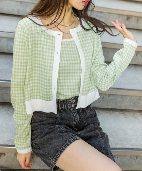 SpRay(スプレイ)の「チェックジャガードカーデアンサンブル(アンサンブル・レディース・ブラック/サックスブルー/ライトグリーン・FREE)」の3枚目の写真