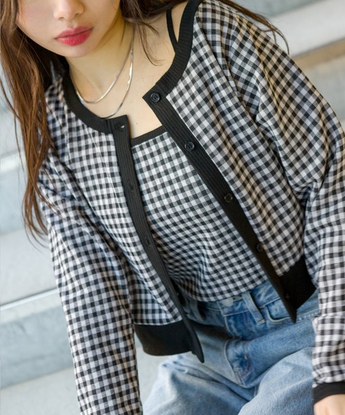 SpRay(スプレイ)の「チェックジャガードカーデアンサンブル(アンサンブル・レディース・ブラック/サックスブルー/ライトグリーン・FREE)」の2枚目の写真