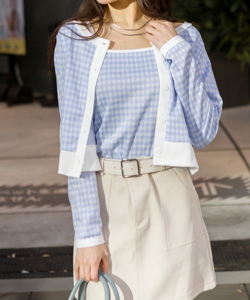 SpRay(スプレイ)の「チェックジャガードカーデアンサンブル(アンサンブル・レディース・ブラック/サックスブルー/ライトグリーン・FREE)」の16枚目の写真