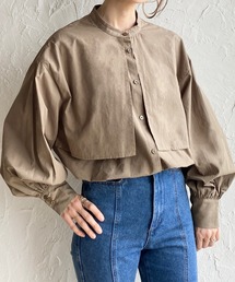 バンドカラーボリュームスリーブ長袖ブロードケープシャツ