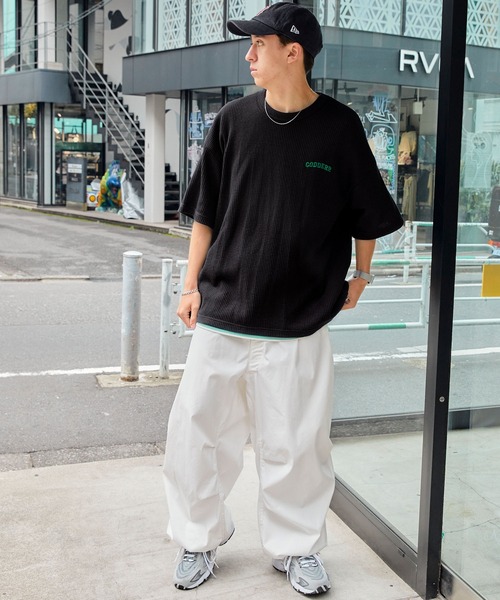レターロゴ ワッフル Tシャツ 半袖 ルーズ トップス 2色 hr9565 CODDERR】アーチロゴ刺繍 ビッグシルエットワッフルTシャツ MONO