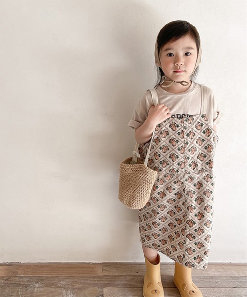 aimoha（アイモハ）の「aimoha-KIDS- 子供服　花とチェック柄ワンピース　ジャンパースカート（ジャンパースカート・キッズ・ベージュ/パープル・80/120/110/130/100/90）」の2枚目の写真