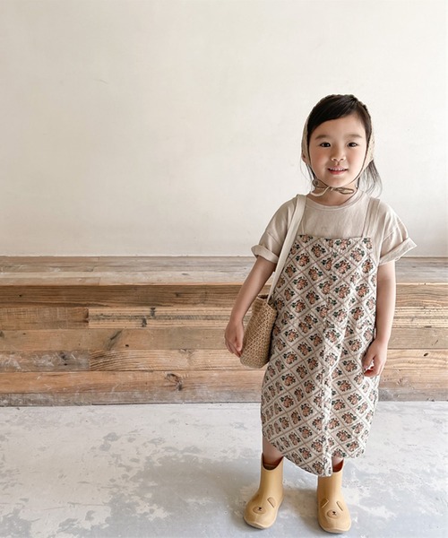 aimoha（アイモハ）の「aimoha-KIDS- 子供服　花とチェック柄ワンピース　ジャンパースカート（ジャンパースカート・キッズ・ベージュ/パープル・80/120/110/130/100/90）」の5枚目の写真