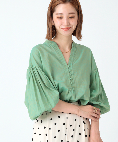 B.C STOCK（ベーセーストック）の「ショートスリーブ フロントボタンシャンブレーブラウス（シャツ/ブラウス・レディース・ブラック/ホワイト/グリーン/ピンク・FREE）」の4枚目の写真