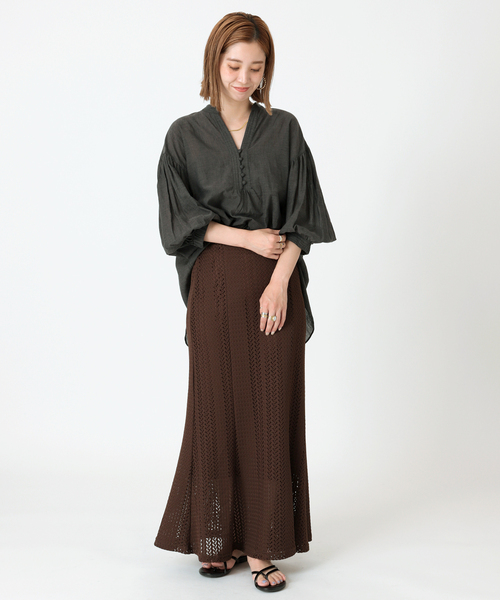 ショートスタジャン ショートスリーブ フロントボタンシャンブレーブラウス（シャツ