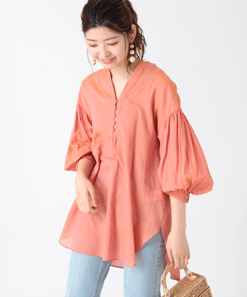 ショートスリーブ フロントボタンシャンブレーブラウス（シャツ
