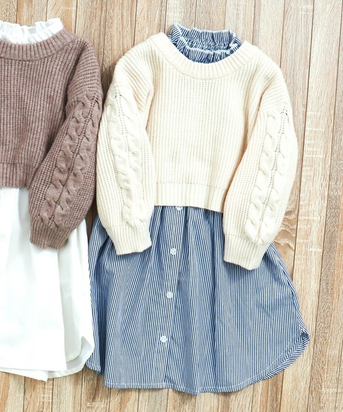 apres les cours(アプレレクール)の「ニット&ワンピースセット(ワンピース・キッズ・ブラウン/ストライプ・110/120/100/90/140/130/80)」の1枚目の写真