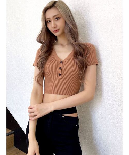 GYDA（ジェイダ）の「ヘンリーハーフスリーブ リブニットトップス（ニット/セーター・レディース・ピンク/アイボリー/オレンジ系その他3・FREE）」の4枚目の写真