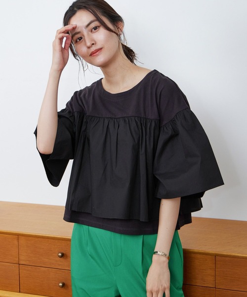 LEPSIM（レプシィム）の「ドッキングショートプルオーバー　198553（Tシャツ/カットソー・レディース・ブラック/オフホワイト/オリーブ・FREE）」の3枚目の写真