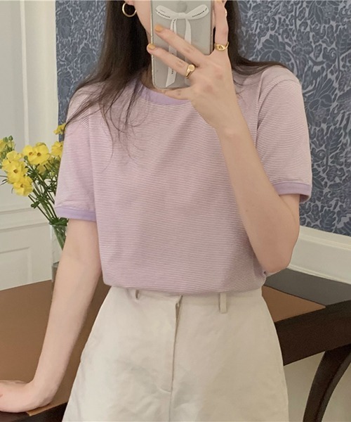 Flowering Korea(フラワーリングコリア)の「コットンミニマルボーダーTシャツ(Tシャツ/カットソー・レディース・ライトブルー/グリーン/パープル系その他/レッド/イエロー・FREE)」の4枚目の写真