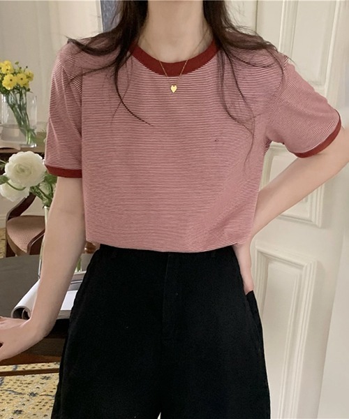 Flowering Korea(フラワーリングコリア)の「コットンミニマルボーダーTシャツ(Tシャツ/カットソー・レディース・ライトブルー/グリーン/パープル系その他/レッド/イエロー・FREE)」の5枚目の写真