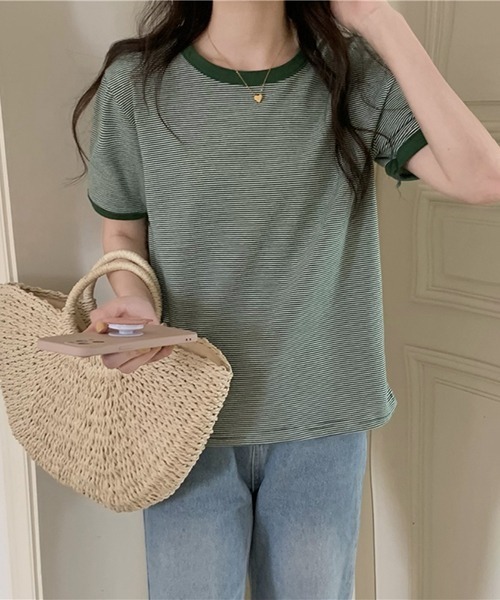 Flowering Korea(フラワーリングコリア)の「コットンミニマルボーダーTシャツ(Tシャツ/カットソー・レディース・ライトブルー/グリーン/パープル系その他/レッド/イエロー・FREE)」の2枚目の写真