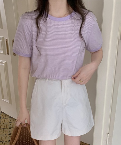 Flowering Korea(フラワーリングコリア)の「コットンミニマルボーダーTシャツ(Tシャツ/カットソー・レディース・ライトブルー/グリーン/パープル系その他/レッド/イエロー・FREE)」の11枚目の写真