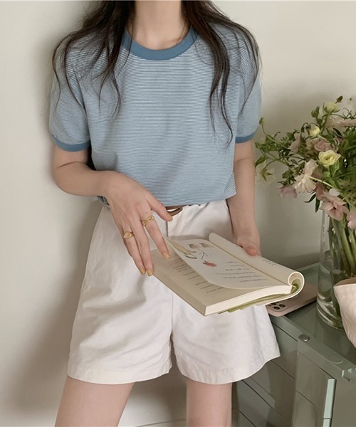 Flowering Korea(フラワーリングコリア)の「コットンミニマルボーダーTシャツ(Tシャツ/カットソー・レディース・ライトブルー/グリーン/パープル系その他/レッド/イエロー・FREE)」の6枚目の写真