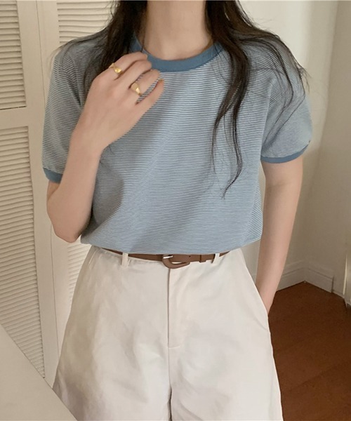 Flowering Korea(フラワーリングコリア)の「コットンミニマルボーダーTシャツ(Tシャツ/カットソー・レディース・ライトブルー/グリーン/パープル系その他/レッド/イエロー・FREE)」の7枚目の写真