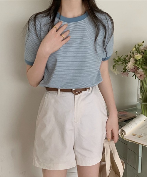 Flowering Korea(フラワーリングコリア)の「コットンミニマルボーダーTシャツ(Tシャツ/カットソー・レディース・ライトブルー/グリーン/パープル系その他/レッド/イエロー・FREE)」の8枚目の写真