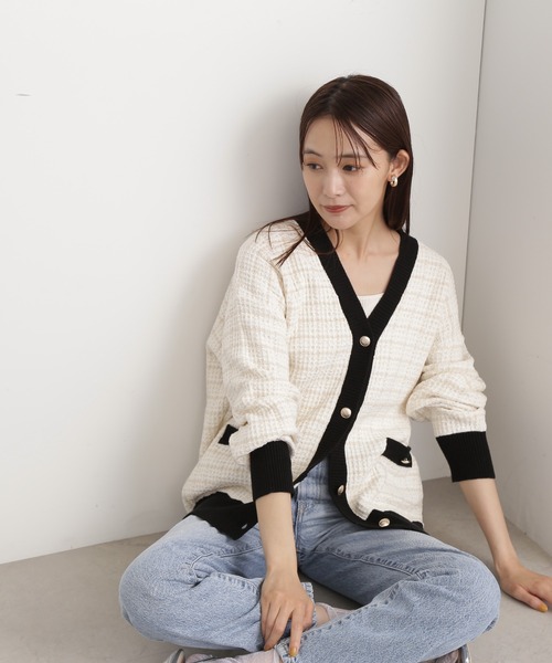 N.（N. Natural Beauty Basic）（エヌエヌナチュラルビューティーベーシック）の「◆ＶネックＭＩＸツイードニットカーディガン（カーディガン/ボレロ・レディース・レッド/オフホワイト/グリーン・MEDIUM）」の15枚目の写真