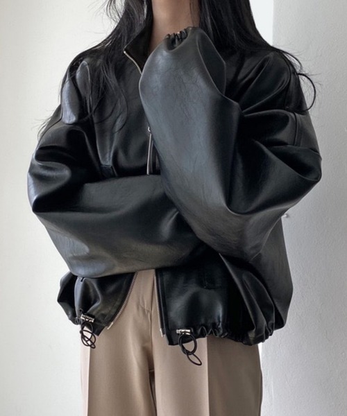 MAISON DE THERESE(メゾン ド テレーズ)の「フェイクレザーPUビッグシルエットブルゾン/ジャケット フェイクレザーライダースジャケット(ライダースジャケット・レディース・アイボリー/ブラック・FREE)」の3枚目の写真