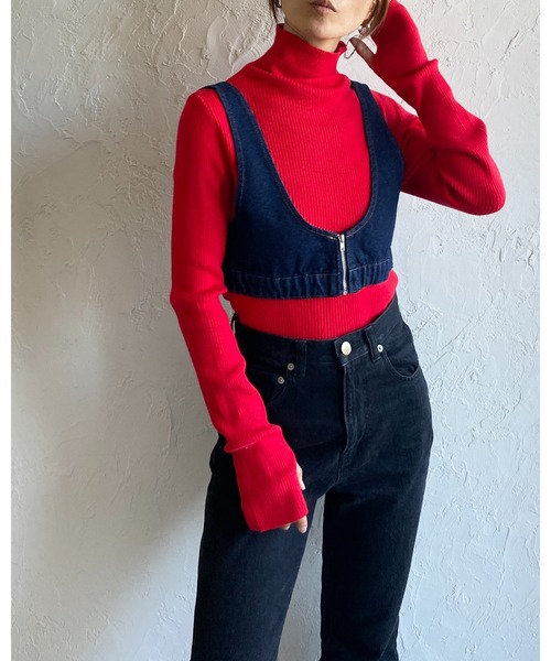 She's Closet（シーズクローゼット）の「アームウォーマー風ハイネックタイト長袖指穴フィンガーホールリブニット（ニット/セーター・レディース・レッド/ブラック×ホワイト/ブルー/グレー/ブラック/アイボリー/イエロー/ライトグレー/ブルー系その他・FREE）」の12枚目の写真