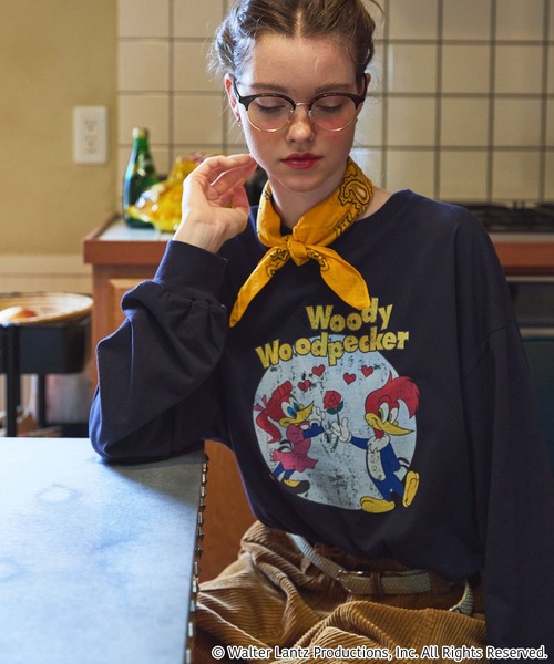 MONO-MART LADY'S（モノマートレディース）の「【Woody Woodpecker】 別注 ウッドペッカー オーバーサイズ ヴィンテージプリントロンT（Tシャツ/カットソー・レディース・ネイビー系/ホワイト系/オフホワイト/スミクロ・FREE）」の9枚目の写真