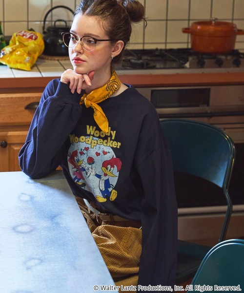 MONO-MART LADY'S（モノマートレディース）の「【Woody Woodpecker】 別注 ウッドペッカー オーバーサイズ ヴィンテージプリントロンT（Tシャツ/カットソー・レディース・ネイビー系/ホワイト系/オフホワイト/スミクロ・FREE）」の10枚目の写真