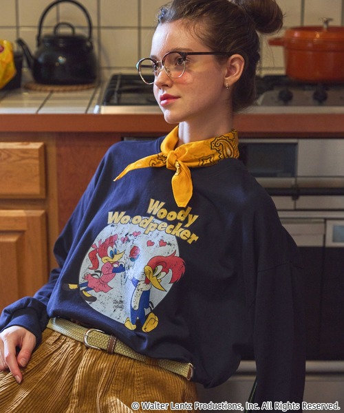 MONO-MART LADY'S（モノマートレディース）の「【Woody Woodpecker】 別注 ウッドペッカー オーバーサイズ ヴィンテージプリントロンT（Tシャツ/カットソー・レディース・ネイビー系/ホワイト系/オフホワイト/スミクロ・FREE）」の11枚目の写真