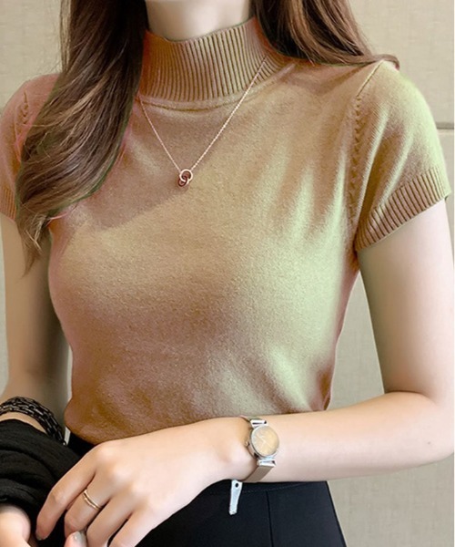 kirakiraShop(キラキラショップ)の「サラッと着られて、上品見え。毎日に寄り添う 半袖ハイネック サマーニット(ニット/セーター・レディース・アイボリー/ブラック/グレー/パープル/イエロー/ピンク/グリーン/オフホワイト/ベージュ/レッド/ブラウン/ブルー系その他/ピンク系その他/ネイビー・FREE)」の6枚目の写真