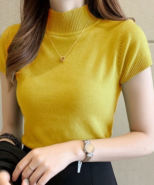 kirakiraShop(キラキラショップ)の「サラッと着られて、上品見え。毎日に寄り添う 半袖ハイネック サマーニット(ニット/セーター・レディース・アイボリー/ブラック/グレー/パープル/イエロー/ピンク/グリーン/オフホワイト/ベージュ/レッド/ブラウン/ブルー系その他/ピンク系その他/ネイビー・FREE)」の11枚目の写真