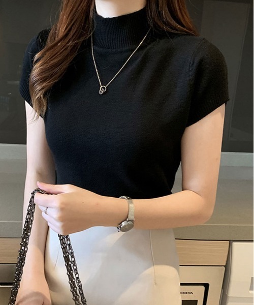 kirakiraShop(キラキラショップ)の「サラッと着られて、上品見え。毎日に寄り添う 半袖ハイネック サマーニット(ニット/セーター・レディース・アイボリー/ブラック/グレー/パープル/イエロー/ピンク/グリーン/オフホワイト/ベージュ/レッド/ブラウン/ブルー系その他/ピンク系その他/ネイビー・FREE)」の15枚目の写真