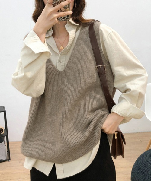 Miniministore(ミニミニストア)の「リブニットベスト レディース vネック(ベスト・レディース・ライトブラウン/グレー/ブラック/ブラウン/モカ・フリー)」の6枚目の写真