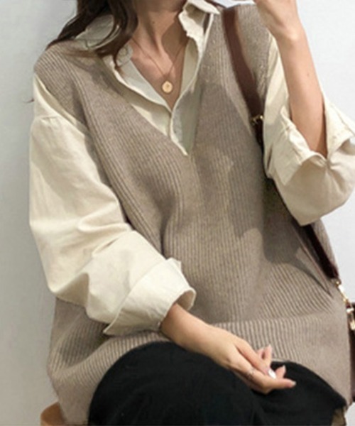 Miniministore(ミニミニストア)の「リブニットベスト レディース vネック(ベスト・レディース・ライトブラウン/グレー/ブラック/ブラウン/モカ・フリー)」の8枚目の写真