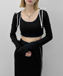 【jiasecond.】リボンクロップドメロウトップス / リブ カットソー ショート丈 長袖 Uネック オープンネック パイピング レイヤード ブラック
