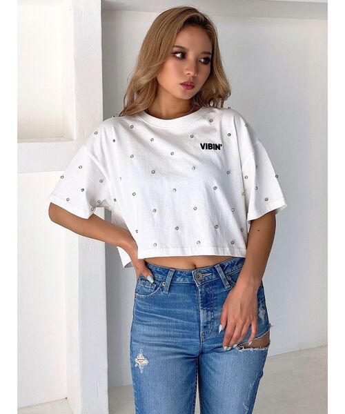 GYDA（ジェイダ）の「VIBINビジュースタッズショートTシャツ（Tシャツ/カットソー・レディース・オフホワイト/ブラック/ライム・FREE）」の12枚目の写真