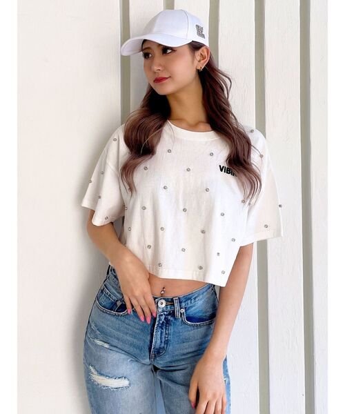 GYDA（ジェイダ）の「VIBINビジュースタッズショートTシャツ（Tシャツ/カットソー・レディース・オフホワイト/ブラック/ライム・FREE）」の17枚目の写真