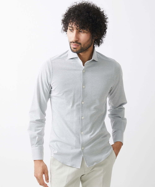 MICHEL KLEIN HOMME (ミッシェルクランオム)の「《日本製》ラッセルジャージシャツ(シャツ/ブラウス・メンズ・ホワイト/ネイビー・MEDIUM/LARGE/X-LARGE)」の1枚目の写真