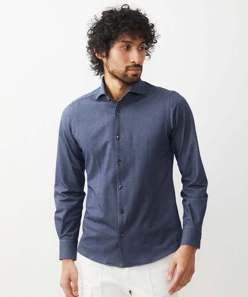 MICHEL KLEIN HOMME (ミッシェルクランオム)の「《日本製》ラッセルジャージシャツ(シャツ/ブラウス・メンズ・ホワイト/ネイビー・MEDIUM/LARGE/X-LARGE)」の3枚目の写真