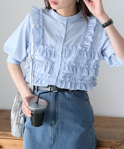 フリルビスチェドッキング風パフスリーブブラウス（シャツ/ブラウス