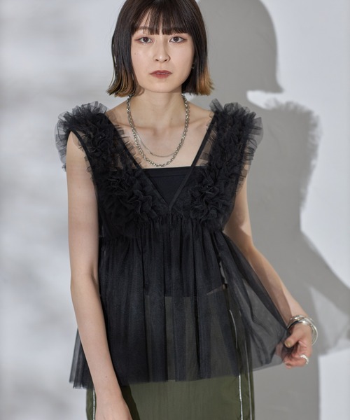 【。】ブラックチュールドレス Vネック フリル 様専用】ブラックチュールドレス Vネック フリル