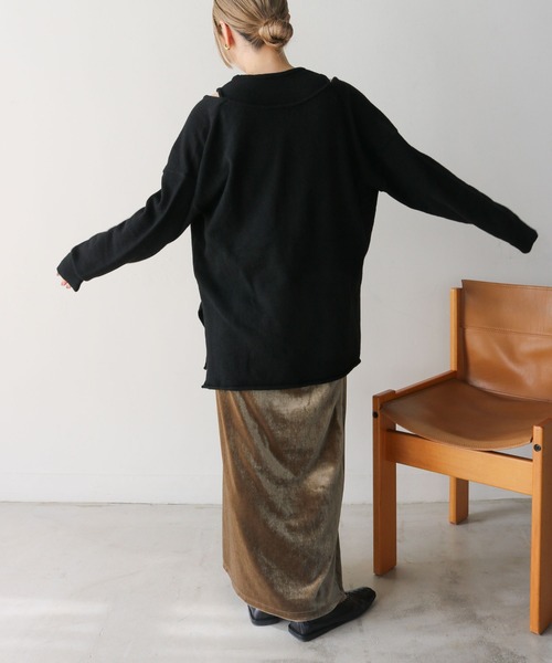 select MOCA by son（セレクトモカバイソン）の「ベロアIラインロングスカート【スタイルアップ】（スカート・レディース・ブラック/カーキ/グレー/スモークグレー・SMALL/MEDIUM/LARGE）」の10枚目の写真