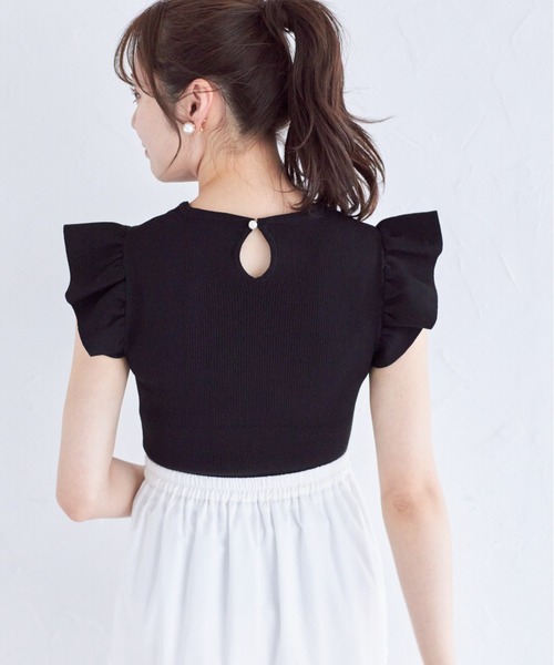 Bibby フリル付きニットセーター 半袖 ホワイト/ブラック ビビィ Bibiy. FLORENTINA FRILL KNIT ニット セーター フリル F