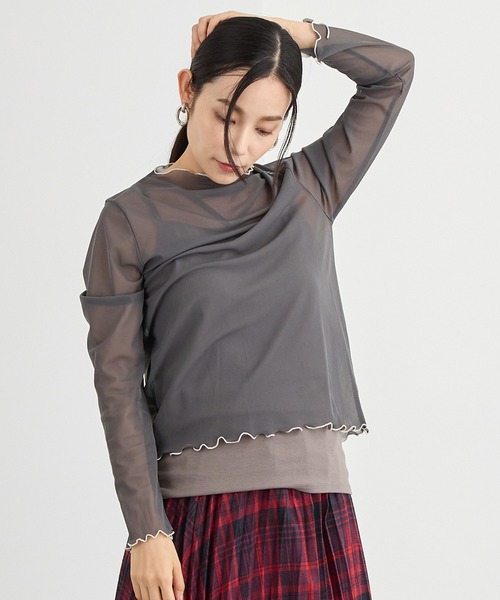 NICOLE white（ニコルホワイト）の「メロー配色シアーロングＴＥＥ（Tシャツ/カットソー・レディース・グリーン/チャコール/ボルドー/グレー/イエロー/ブラック・FREE）」の3枚目の写真