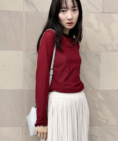 NICOLE white（ニコルホワイト）の「メロー配色シアーロングＴＥＥ（Tシャツ/カットソー・レディース・グリーン/チャコール/ボルドー/グレー/イエロー/ブラック・FREE）」の6枚目の写真