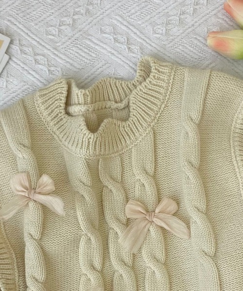 aimoha（アイモハ）の「【aimoha-KIDS-】リボン付きニットベスト（ベスト・キッズ・オフホワイト/ダークグリーン/ブラウン・90/100/110/120/130）」の12枚目の写真