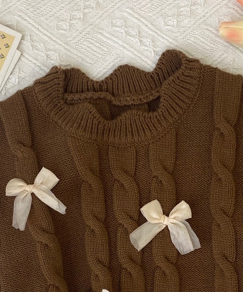 aimoha（アイモハ）の「【aimoha-KIDS-】リボン付きニットベスト（ベスト・キッズ・オフホワイト/ダークグリーン/ブラウン・90/100/110/120/130）」の6枚目の写真