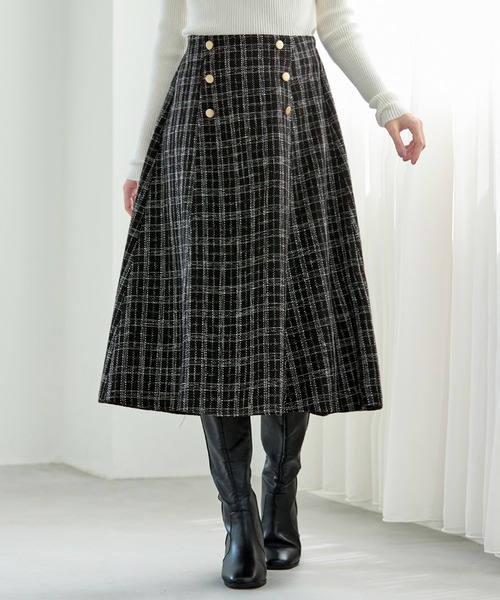 alotta（アロッタ）の「高見えツイードチェックフレアースカート（スカート・レディース・ホワイト/ブラック×ホワイト・M/L/LL/3L）」の4枚目の写真
