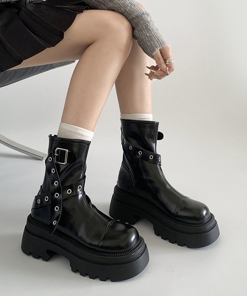 HALEY PESCA（ヘーリーペスカ）の「HALEY PESCA/厚底　ベルテッドエンジニアブーツ（ブーツ・レディース・ブラウン/アイボリー/ブラック・38/40/36）」の3枚目の写真